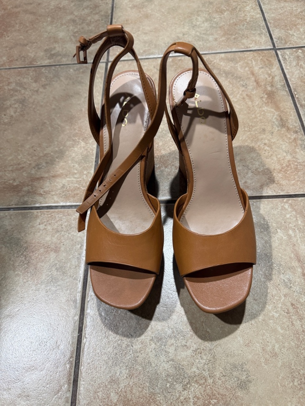 Aldo Tan Leather Open-Toe Ankle-Strap Heels